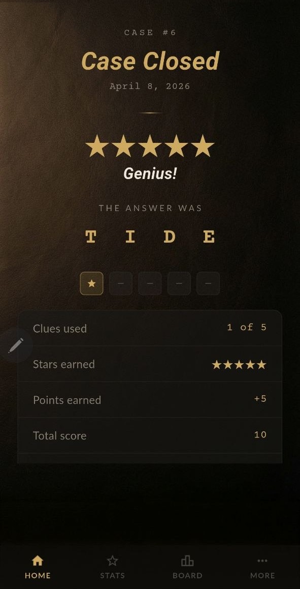 Case closed result screen with score and share card